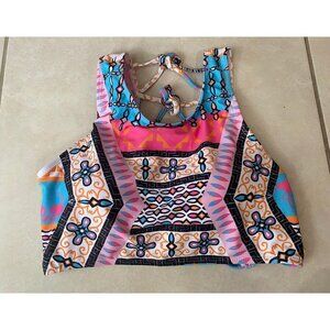 YMI WOMEN'S SWIMSUIT LACE UP BACK TOP Geometric Print Size S